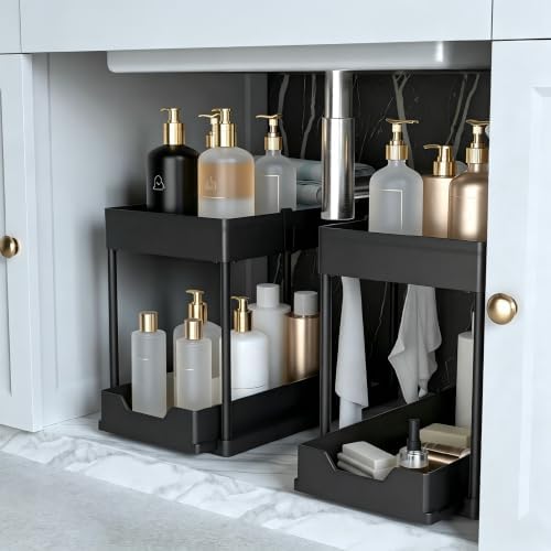 Under Sink Organizer 2 Pack,2 Tier Slide Out Storage for Kitchen Bathroom