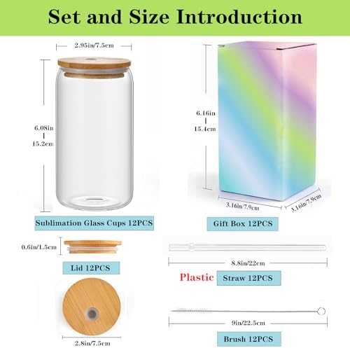 Sublimation Glass Blanks, Sublimation Clear Glass Tumbler 16OZ, Beer Can Glass, FrostedCups With Bamboo Lids And Straws 12Pack