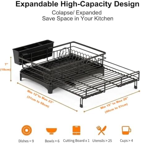 Expandable Dish Drying Rack for Kitchen Counter, 1-Tier, Heavy Duty Carbon Steel Over Sink Dish Drainer, Rust-Resistant Adjustable Dish Rack with Utensil Holder, Large Capacity, Black