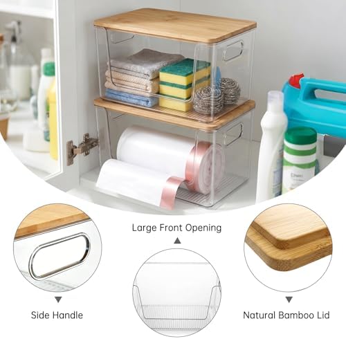 Trash Bag Holder 2 Pack, Stackable Garbage Bag Dispenser with Bamboo Lid, Large Capacity Under Sink Organizer for 13/30/33 Gallon Bags, Clear Storage Bins for Kitchen, Laundry Room