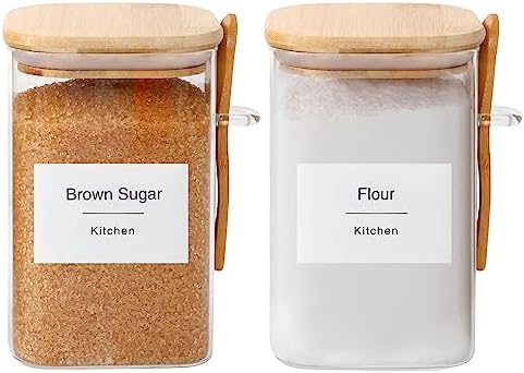 Flour and Sugar Containers - 34 oz Glass Jar with Bamboo Lid and Spoon, Sugar Holder and Canister for Countertop, Glass Containers for Coffee Beans, Tea, Flour, Nuts, Candy and Cookie (Set of 2)