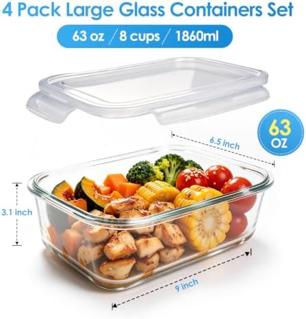 4 Pack 63oz/8 Cups Large Glass Food Storage Containers with Lids, White