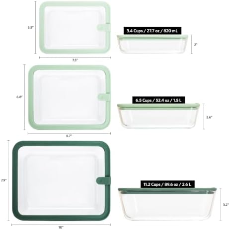 Glass Food Storage Containers, Set of 3 - Airtight Vacuum Sealed Steam Vent Lids - Rectangular Borosilicate Glass Dishes with Ombre Green Lids - Assorted Sizes for Meal Prep & Leftovers, Sage
