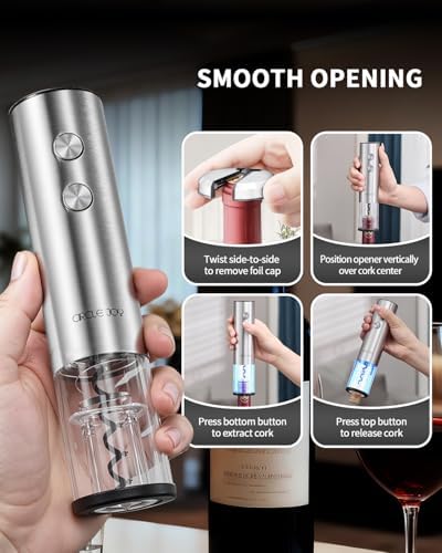 Electric Wine Bottle Opener Set Stainless Steel Rechargeable Wine Opener 8-in-1 Wine Gift Set with Charging base, Foil Cutter, Wine Aerator Pourer, Vacuum Pump & 2 Wine Stoppers, Silver