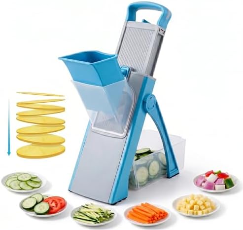 Mandoline Slicer Vegetable Cutter with Container - No Blade Change Needed, Adjustable 0.1-8mm Thickness, Stainless Steel, Hand Guard, Julienne Waffle Cuts for Meal Prep (Blue) by PONDI