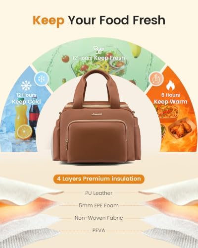 Insulated Lunch Bag for Women, PU leather Lunch Box with Shoulder Strap, Wide Opening Adult Large Lunch bags for Work Picnic Beach Family Camping Outdoor Teacher