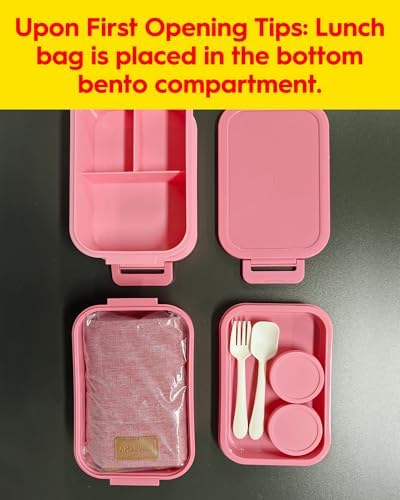 Adults Bento Lunch Box Set with Thermo Bag, 74oz Stackable Leak-proof 3-tiers Bento Box, Built-in Utensil and Sauce Container for Work, School, Dining Out (Pink)