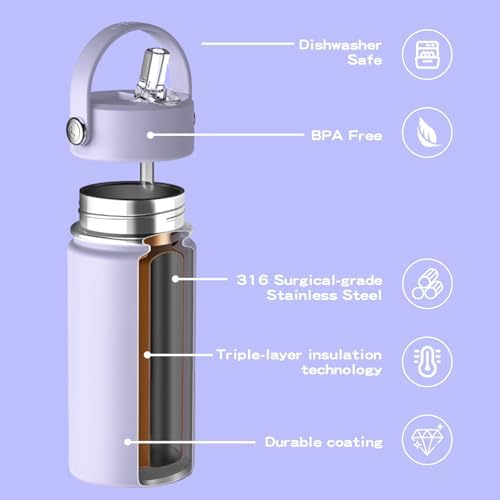 Kids Water Bottle with Straw Lid 14oz, Vacuum Insulated 316 Stainless Steel Water Bottles for Kids for School, Leakproof Water Bottle, BPA Free and Keep Cold for 24 Hours