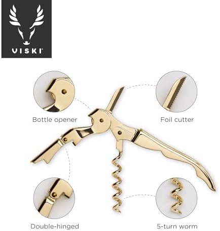 24k Gold Plated Signature Double Hinged Waiter's Corkscrew Wine Opener, Stainless Steel with Built-in Bottle Opener & Foil Cutter for Home Bar, Kitchen, Travel, Gifts for Wine Lovers, Set of 1