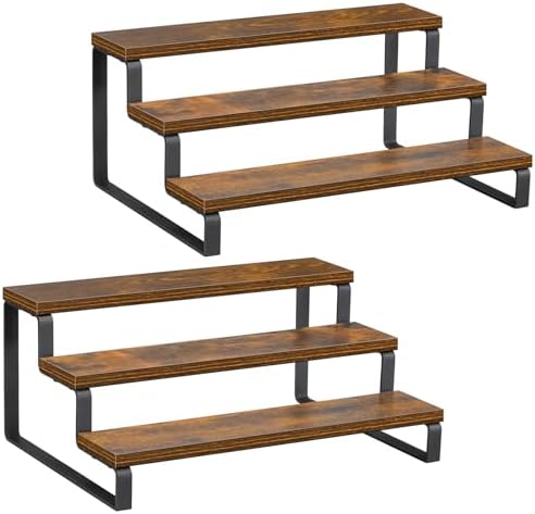 3-Tier Spice Rack, 13.8 Inch Wood Countertop Spice Storage Holder, Kitchen Pantry Cabinet Organizer Cupboard for Spice Bottles, Jars, Seasonings, Baking Supplies, Metal Frame(Set of 2)