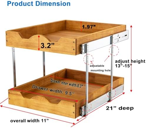 2 Tier Pull Out Cabinet Organizer (11" W x 21" D) Double Tier Slide Out Wood Drawer Under Cabinet Storage And Organization