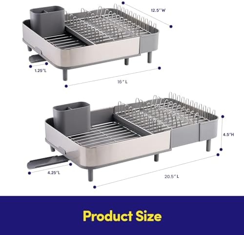 Dish Drying Rack Countertop Expandable Dish Drainer — Up to 20.5" Telescoping Premium Extending Drying Station Organizer with Drainboard, Removable Utensil Holder — Dish, Silverware & Cup Storage Gray