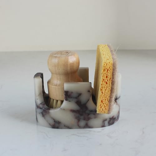 Natural Travertine Marble 2-Slot Sponge Holder for Kitchen Counter, 2-in-1 Stone Drying Rack, Sponge Caddy for Sink Organizer - Calacatta Viola Marble