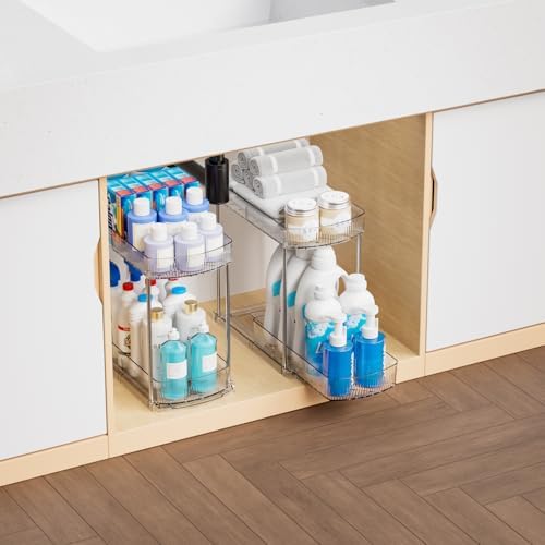 4 Pack Large Pull Out Bathroom Organizers and Storage,2 Tier 12.8″ Tall Sliding Kitchen Under Sink Organizer for Cleaning Products Storage,Acrylic Clear Bathroom inder Sink Organizer,Undersink Storage