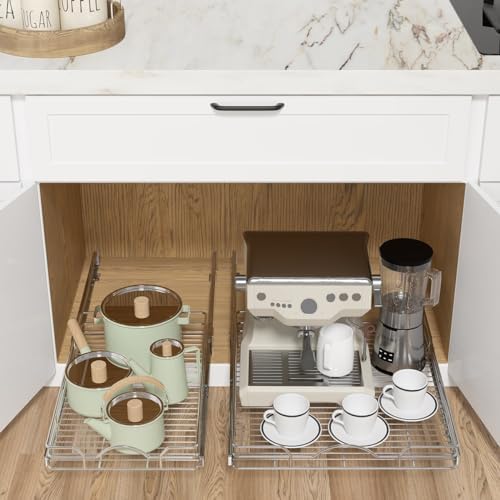 Pull Out Cabinet Organizer 2 Pack (15" W x 21" D), Pull out Shelves 1 Tier, Cabinet Slide Out Shelves for Base Cabinet Organization in Kitchen Bathroom Pantry, Bottom Mount, Chrome Finish
