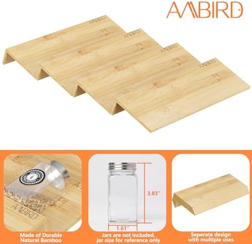 Bamboo Spice Drawer Organizer with Non-slip Mat,4 Tier Jar Spice Rack Tray 9.5'',Seasoning Organizer for Kitchen,Cabinet,Drawers,Countertop