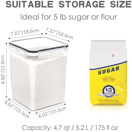 Large Food Storage Containers with Lids Airtight 5.2L /176Oz, for Flour, Sugar, Baking Supply, 3PCS BPA Free Plastic Canisters for Kitchen Pantry Organization