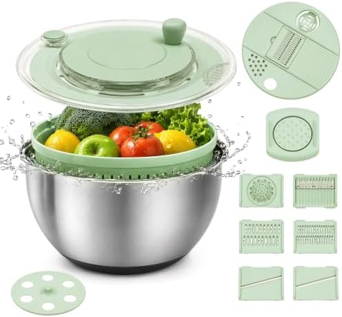 Stainless Steel Salad Spinner 4.25qt, One‑touch Stop Button & Non‑slip Base, Vegetable Dryer Bowl with 5‑blade Slicer & Egg Yolk Strainer for Kitchen Party Use by Unknown