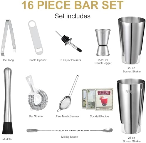 Cocktail Shaker Set, 16 Piece Bartender Kit, Cocktail Shaker, Stainless Steel Bar Set Accessories, Coktail Set, Boston Shaker, Drink Mixer Shaker, Bartending Bar Tools with Muddler Spoon Jigger