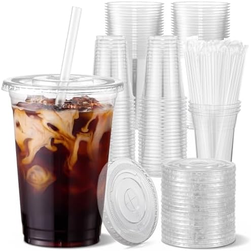 100 Sets - 12oz Clear Plastic Cups with Lids and Straws, Disposable Cups for Iced Coffee, Smoothie, Milkshake, Cold Drinks