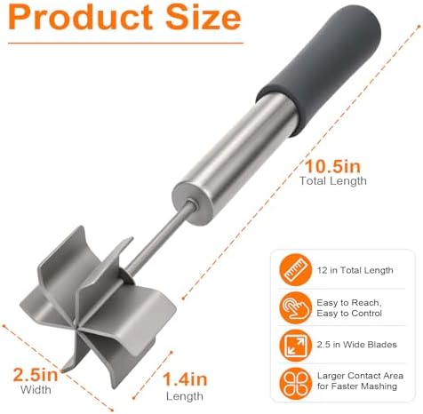 Stainless Steel Meat Chopper with 6 Wide Blades, Heavy Duty Ground Beef Masher & Meat Smasher Tool, Heat Resistant Silicone Handle Hamburger Smasher for Cast Iron & Metal Pans