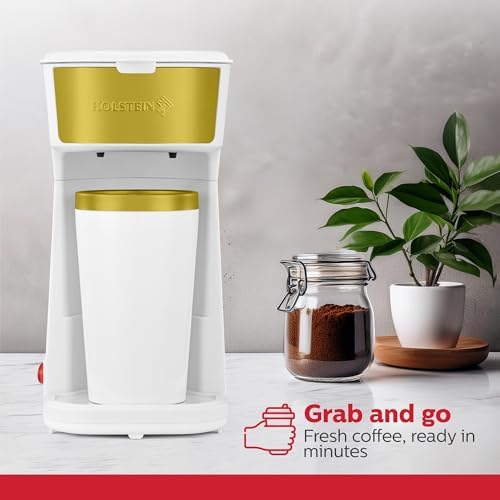 Holstein Housewares Personal Coffee Maker with 14oz Travel Mug – Compact One-Touch Brew Machine with Reusable Filter, Auto Shut-Off, Non-Stick Plate, Ideal for Home, Office, or Dorm. White & Gold - Image 2