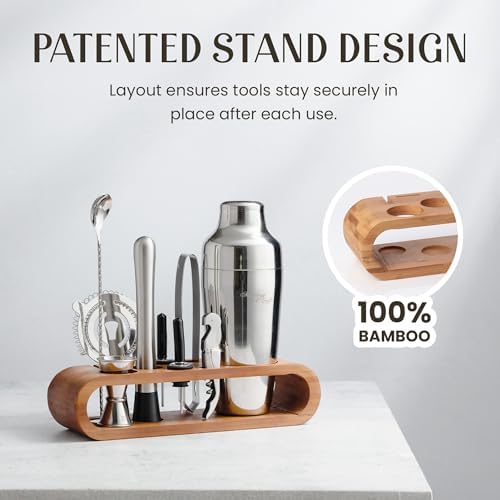 Cocktail Shaker Set with Bamboo Stand - Professional 10-Piece Bartender Kit - Complete Bar Set & Cocktail Mixer Kit for Home (Silver)