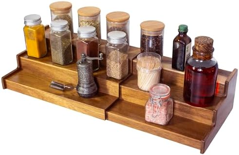 Acacia Wood 3 Tiered Spice Rack, 3 Tier Spice Organizer for Cabinet or Kitchen
