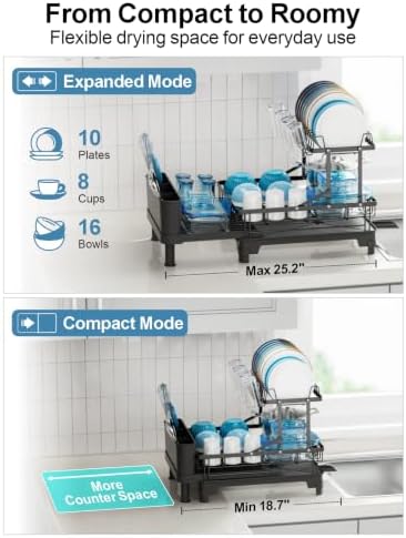 Large Expandable 2 Tier Dish Drying Rack for Kitchen Counter, Black