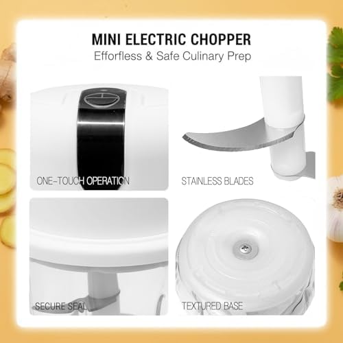 Mini Electric Garlic Chopper, 350ML Glass Bowl Food Processor, USB Rechargeable/Battery Operated Mincer with 3 Stainless Steel Blades for Garlic, Ginger, Chili, Nuts, White - Image 5