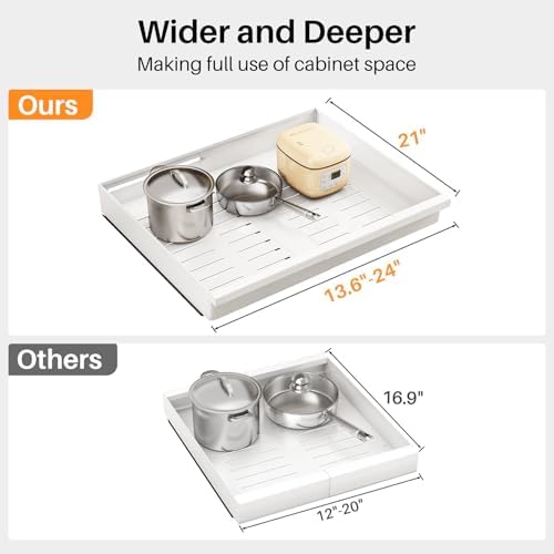 Pull out Cabinet Organizer, 1-Pack Expandable(13.6"-24") Silde out Drawers with Raising Pad for Framed Cabinets, Adjustable Full-Extension Adhesive Roll out Shelves for Kitchen Pantry Home Pot and Pan