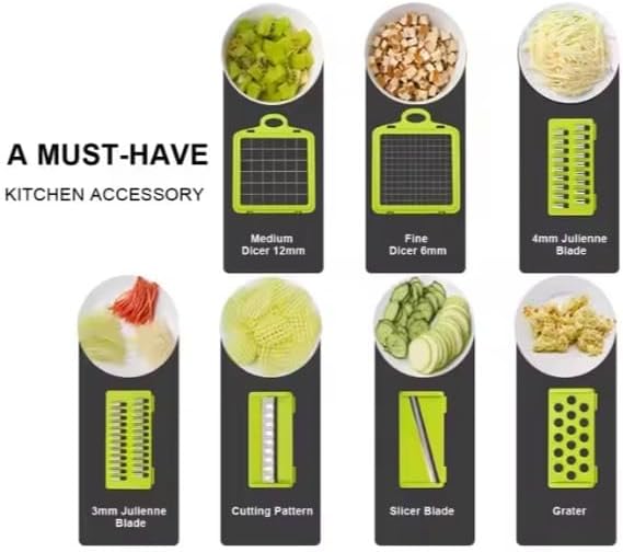 Vegetable Chopper and Slicer, 15-in-1 Manual Food Dicer with Container, Stainless Steel Blades, Gray and Green - Image 3
