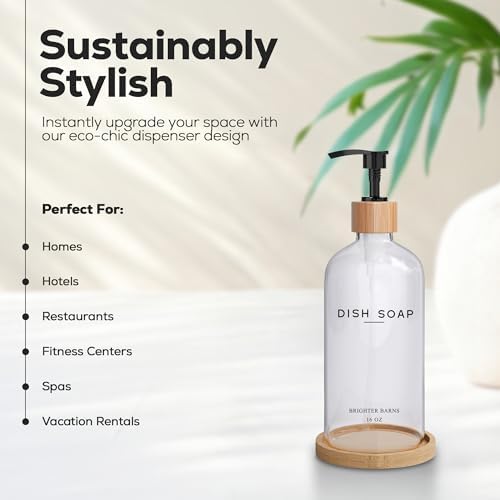 Clear Glass Dish Soap Dispenser - Kitchen Sink Set With Bamboo Tray - Modern Decor and Accessories, Minimalist Neutral Home (Clear)