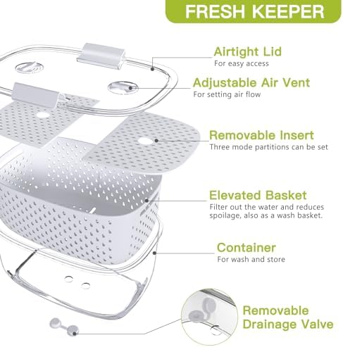 Fresh Produce Vegetable Fruit Storage Containers 3Piece Set, BPA-free, Partitioned Salad Container, Fridge Organizers, Used in Storing Fruits Vegetables, White