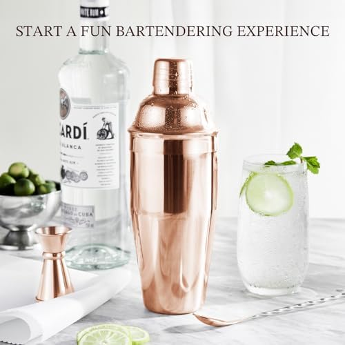 Cocktail Shaker Set, Stainless Steel Bartending Kit with 25 Ounce Cocktail Shaker with Built in Drink Strainer, Measuring Jigger, Mixing Spoon & Drink Recipe Guide, Rose Gold