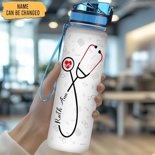 Personalized Nurse Water Bottle - 32oz Motivational Water Bottle with Leak-Proof Lid & Time Marker - Gift for Women, Nursing Students, Medical Assistants, Healthcare Workers On Birthday