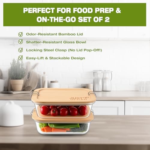 Airtight Glass Food Storage Containers with Bamboo Lids, Set of 2 Secure-Seal Containers for Meal Prep, 100% Leakproof, Plastic Free, Oven & Microwave Safe (2 Pack)