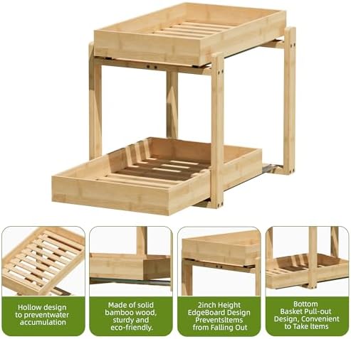 2 Pack Bamboo Under Sink Organizer, 2-Tier Pull Out Storage Drawers
