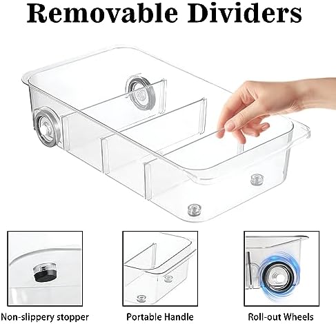 2Pack Roll Out Fridge Caddy Bins Pull Out Drawer with Wheels Refrigerator Organizer Bins with Handles Divided Fruit Caddy for Fridge Pantry Cabinet Storage Cans Drinks