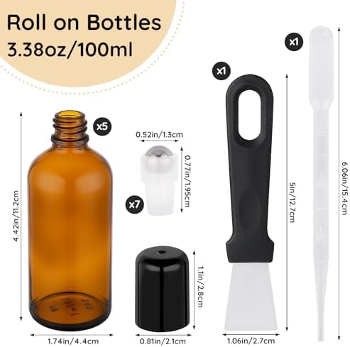 Segbeauty 3.4oz Thick Amber Glass Roller Bottles for Oils, 5pcs Empty Roll On Bottles for Perfume Massage Castor Essential Oil, 100ml Refillable Roller Ball Applicator with Stainless Steel Rollball - Image 4