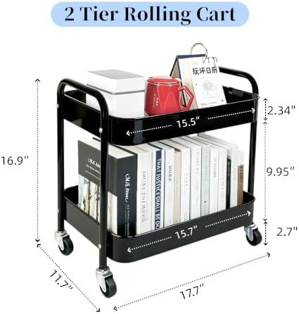2 Tier Short Rolling Cart with Wheels for Under Desk Storage & Panrty Floor Organizer, Large Capacity Metal Kitchen Utility Cart, Sturdy Makeup Organizer for Small Space with 4 Hooks, Black