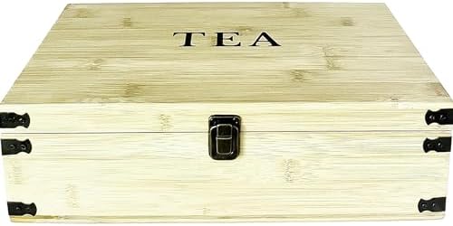 Large Wooden Tea Organizer Box, Big 14" Pine Storage Chest | 8-Slot Tall, Adjustable Shelves | 100% Handmade Craft Eco-Friendly Natural Décor