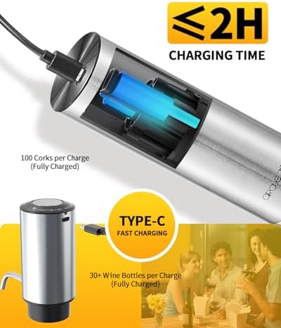 Rechargeable Electric Wine Opener Set 8-in-1 Stainless Steel Automatic Wine Bottle Opener Gift Set w/Electric Wine Aerator Pourer, Foil Cutter, Wine Drip Ring, Vacuum Pump & 2 Wine Stoppers
