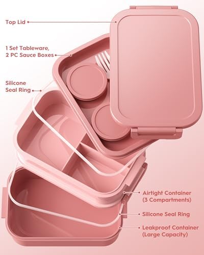 Adults Bento Box with Thermo Bag, 74oz Capacity 3 Stackable, Pink