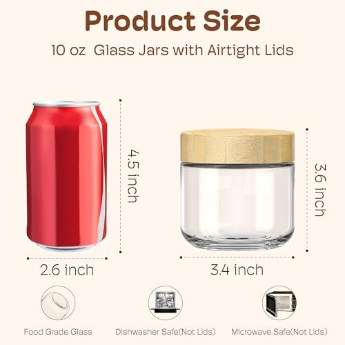 10 oz Overnight Oats Containers with Bamboo Lids, Glass Mason Jars 4 Pack