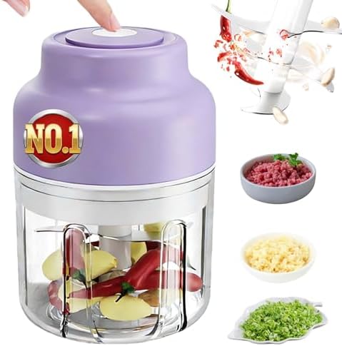 Electric Garlic Chopper Mini, Cordless Mini Food Chopper With 6 Blades, 320ml Small Garlic Grinder For Onion Chili Ginger, Rechargeable Kitchen Gadget (1, Purple) by QWJUX