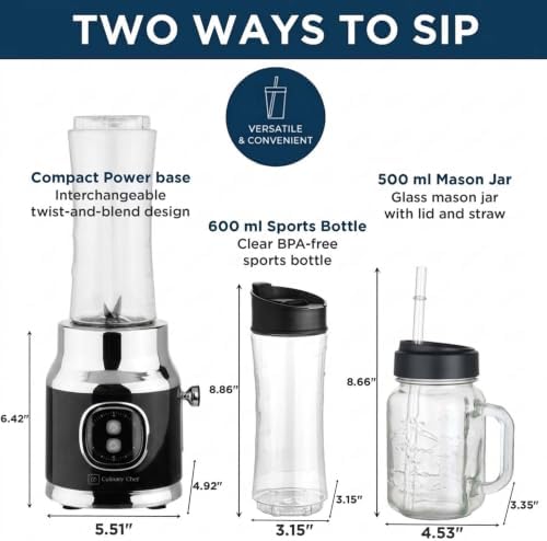 300W Smoothie Maker Blender with 500ml Glass Mason Jar & 600ml BPA-Free Sports Bottle, Personal Smoothie Blender for Smoothies, Shakes, Frozen Fruit & Ice, Black