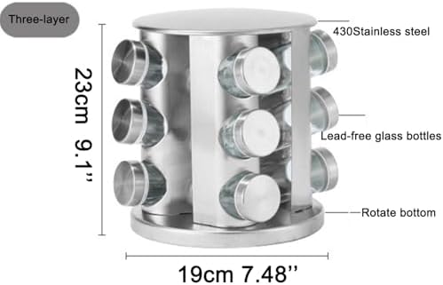 Spice rack-Revolving Spice Rack Set, Kitchen Spice Tower Organizer for Countertop or Cabinet -Desktop Rotating Seasoning Organizer(Stainless Steel) (Silver, 20-Jar)