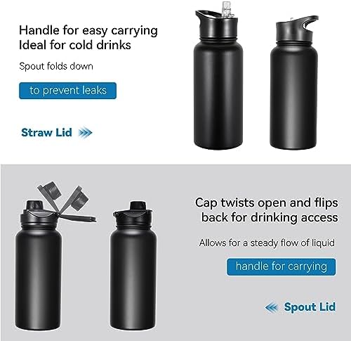 32 oz Insulated Water Bottle Bulk Stainless Steel Metal Water Bottles with Leak Proof Straw Lid & Spout Lid, Wide Mouth Double Walled Vacuum Travel Sports Bottle, 8 Pack