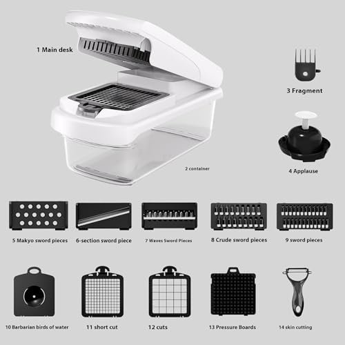 14-in-1 Vegetable Chopper, 7 Blade Multifunctional Food Chopper with Container, Chopper Veggie Cutter for Salad Potato Carrot Garlic, Home Kitchen Essential (White, 14 in 1) - Image 2